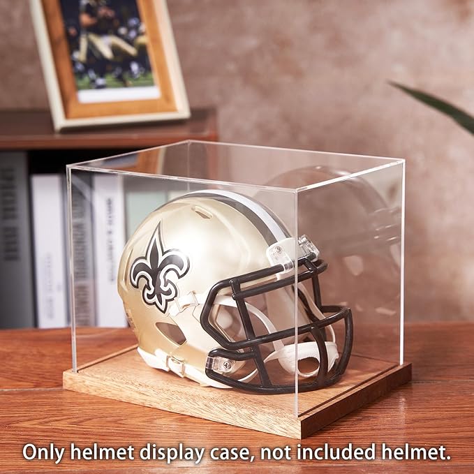 LITY Mini Helmet Display Case, No Assembly Required Acrylic Clear 1/2 Football Baseball Helmet Showcase, Solid Wood Base UV Protection Souvenirs and Collectibles Box, Ideal Gift for Sports Enthusiast