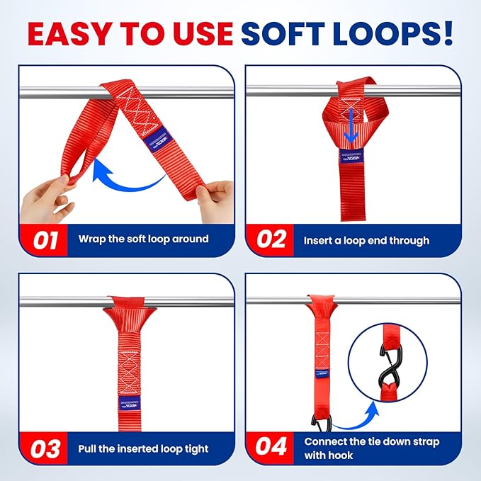 MOCA Red Heavy Duty Ratchet Tie Down Straps - 5200 Lbs Breaking Strength 1.6" x 8', Includes 4 Heavy Duty Ratchet Padded Handles & Coated Chromoly S Hooks & 4 Soft Loop Tie-Downs
