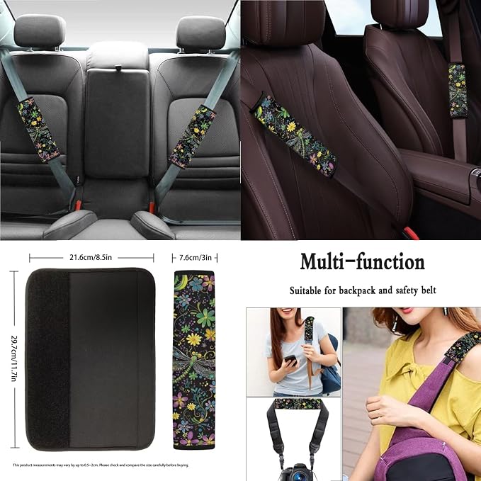 Xoenoiee Dragonfly Boho Floral Print 11 Pack Car Seat Cover Front & Rear Seat Cover SUV Car Full Set with Steering Wheel Cover + Seat Belt Cover+ Cup Coasters+ Key Chains Universal Fit