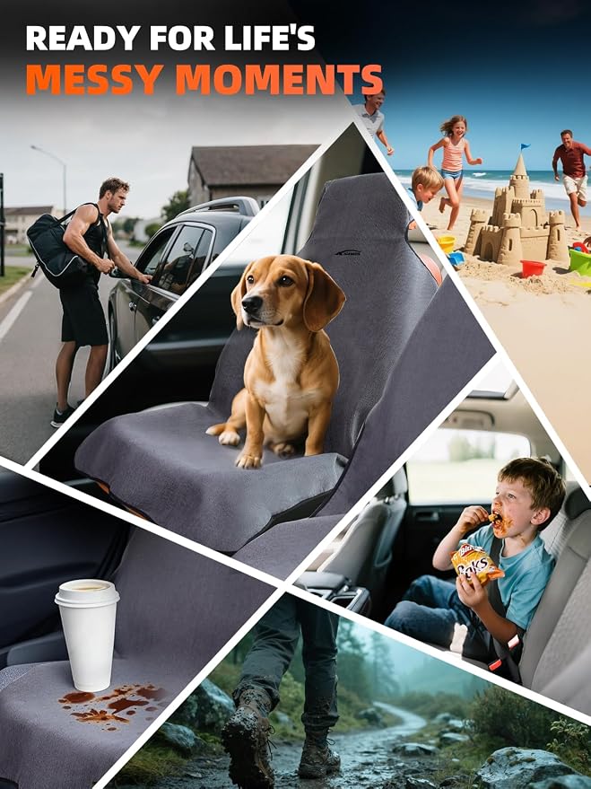 Car Seat Towel Cover Front & Rear Set, Waterproof Sweatproof Non-Slip Seat Protectors – Dual-Layer Microfiber Terry – Universal Fit for Cars, Trucks, SUVs – Embroidered Design (Gray, 3-Pack)
