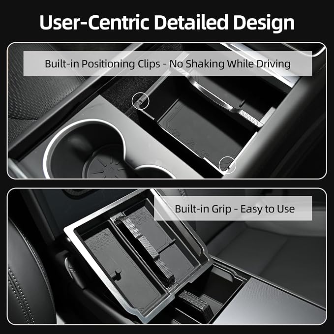 4-Piece Dual-Layer Center Console & Armrest Storage Box for 2024-2026 Tesla Model 3 Highland / 2025-2026 Model Y Juniper, Sliding/Lift-Up, Premium ABS, Tool-Free