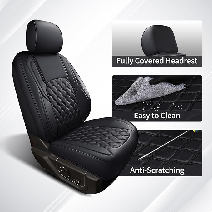Huidasource Wrangler JK Seat Covers 2PCS Front Pair, Faux Leather Wrangler JK Front Seat Covers 2007-2017, Seat Coushion Covers for Jeep Wrangler 2 Door/4 Door Sahara Sport Rubicon(Front Pair/Black)