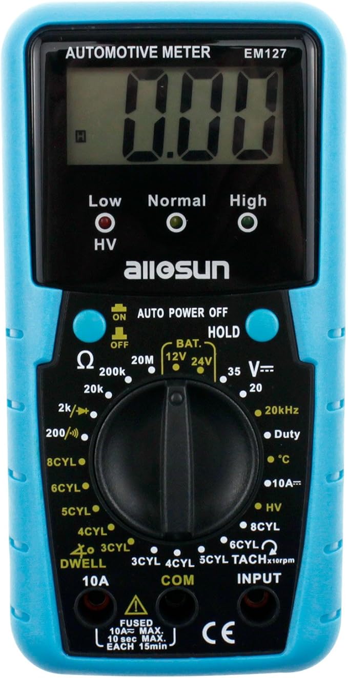 ALLOSUN EM127 Digital Automotive Meter Digital Multimeter RPM Dwell Angel Ignition System Test Duty Cycle Measurement 1999 Reading LCD DCV DC Resistance Measure