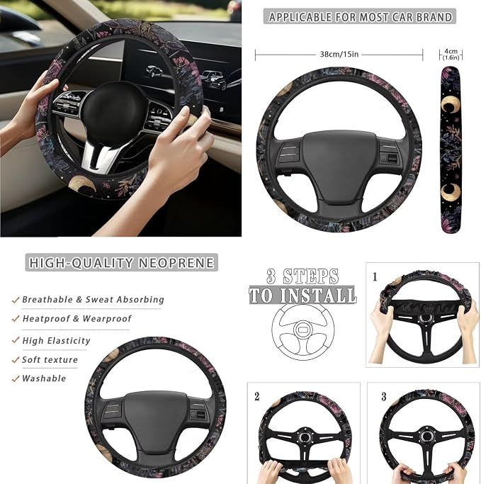 Goth Moon Moth 15 PCS Car Seat Cover Set, with Steering Wheel Seat Belt Cover Rear View Mirror Cover Coaster Trash Cans Keychain Universal Fit