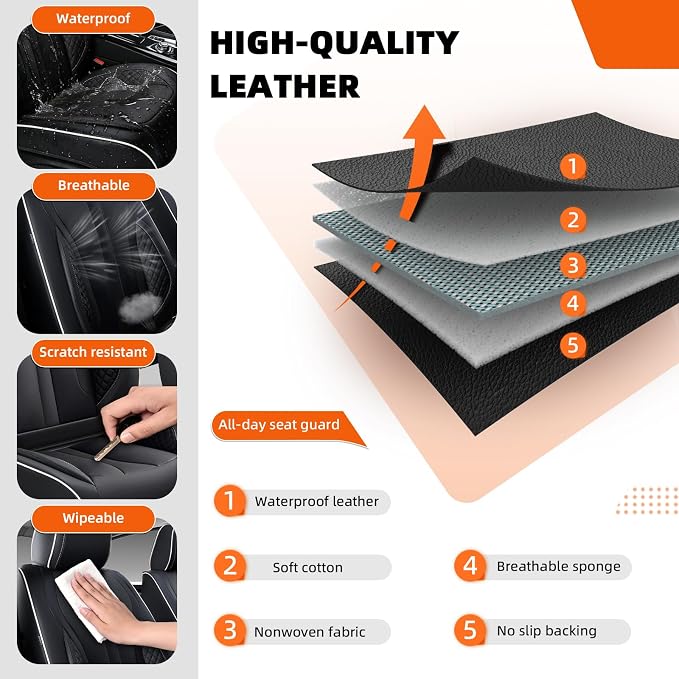 5-Seater Car Seat Covers Full Set, Fit for Front and Rear Seats of Cars, Waterproof and Breathable Nappa Leather, Compatible with Airbags, Car Seat Protector Covers for Most Cars - Black White
