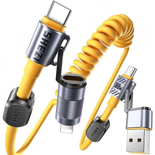4-in-1 Coiled USB C Cable for Car 5FT [100W Fast Charging] Compatible with Lightning Cable [CarPlay & Android Auto] Multi Charger Cord Combo with L/Type C/USB A Ports for iPhone/iPad (Yellow)