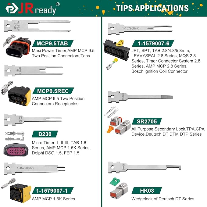 JRready ST5346 JRDDS Pin Extractor Tool Kit with 7PCS Replacement Tips Upgraded Terminal Removal Tools for Deutsch AMP Delphi Bosch Connectors Professional Auto Repair Terminal Release Tool Kit