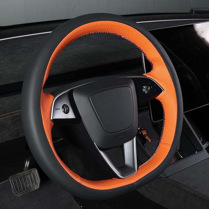 MEWANT DIY Stitching Real Leather Steering Wheel Cover Wrap for Tesla Model 3 Highland 2023-2025/Model Y 2025 Highland for Tesla Model 3/Model Y Accessories(3D Style)