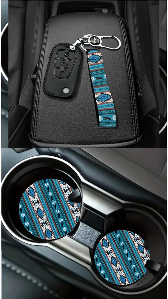 XYZCANDO Ethnic Patterns Auto Seat Cover Sets 15 PCS Car Seat Cover Set Steering Wheel Cover Seat Belt Pads Cover Storage Box Garbage Bag Car Rear View Mirror Cover Coasters Keychain Fit Most Cars