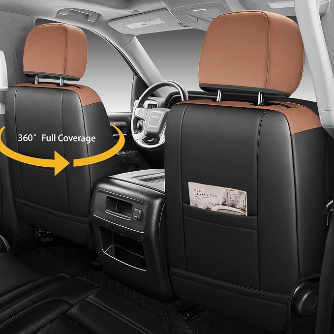 Custom Napa Leather Seat Covers for Chevy Silverado & GMC Sierra Crew Cab, 46-Split Flat Rear Bench Design, Compatible with 2019-2026 1500 and 2020-2026 2500HD 3500HD(Full Set, Black&Brown)