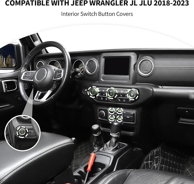 JeCar JL Switch Button Covers Window Control Air Conditioner Headlight Volume Radio Knob Trims Interior Accessories Compatible with Jeep Wrangler JL JLU 2018-2026 & Gladiator JT 2020-2026, Green
