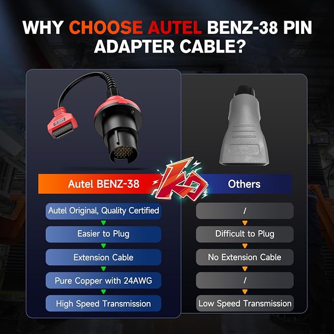 Autel Original BENZ-38 PIN Adapter, 38 Pin Male to 16 Pin Female OBDII Connector Compatible with Mercedes-Benz Pre-2001, Work with OBD2 Diagnostic Scan Tool OBD II Scanner