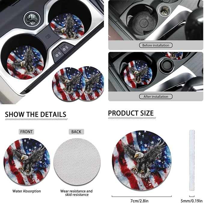 KEIAHUAN 11 Pcs Car Seat Covers Full Set for Men American Flag Bald Eagle with Handbrake and Gear Shift Knob Cover,Headrest Cover, Coasters,Non-Slip Car Steering Wheel Cover,Coasters