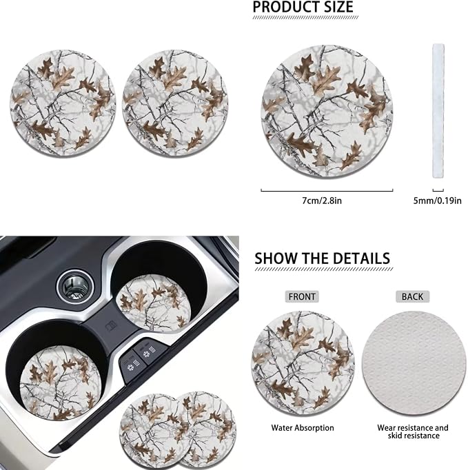 Howilath White Camo Hunting Forest Car Seat Cover Set of 13 with Steering Wheel Covers+Seat Belt Cover Pad+Keychains+Cup Coasters Universal Fit Auto Accessories