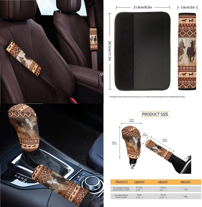Aztec Horse Print Car Accessories Seat Covers Full Set of 14, Including Front and Rear Split Bench Seat Covers Steering Wheel Cover Center Console Pad Safety Belt Pads Cup Mats