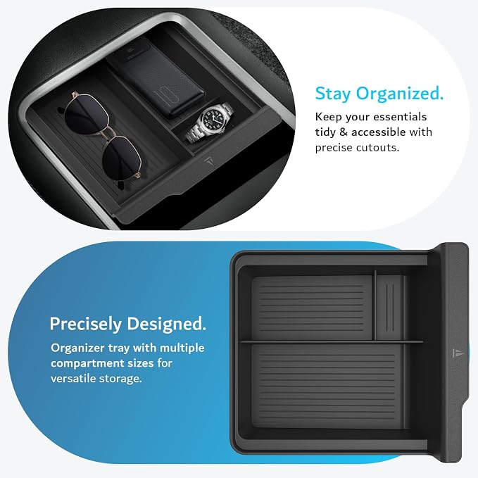 TUDIA Center Console Tray for Tesla Model 3 (2021-2023) / Model Y (2021-2025) + Tesla Key Card Holder with Air Tag Slot Bundle Set