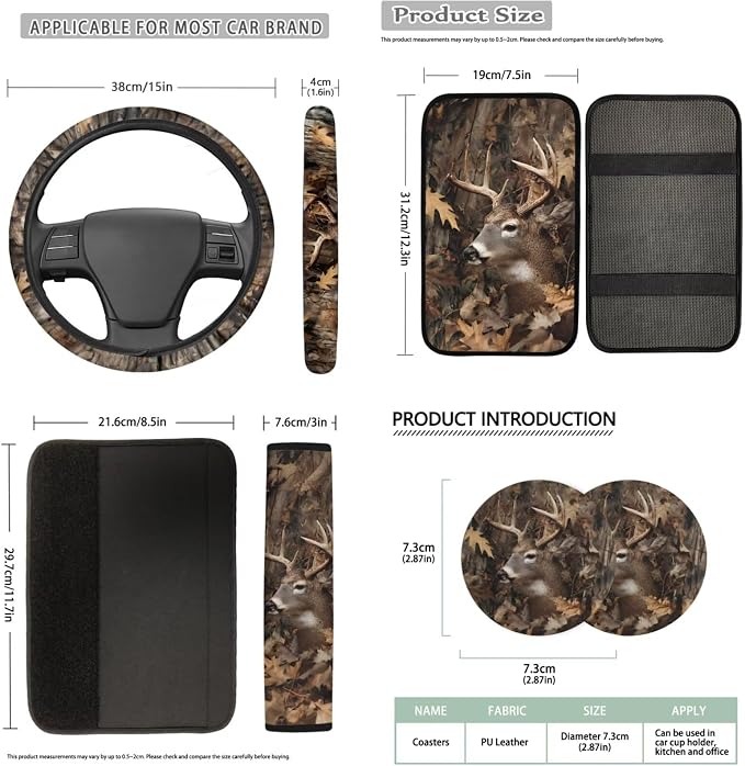 Bulopur Deer Hunting Camo Automotive Seat Covers Full Set with Matching Steering Wheel Cover Console Armrest Cushion Vehicle Seat Belt Pads Headrest Covers Car Interior Decor Set 14 Piece