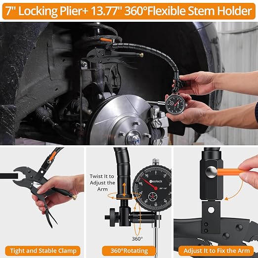 Neoteck Disc Brake Rotor Gauge Set 0-1"/0.001" Ball Joint Runout Gauge Set with 13.77" Flexible Arm and 7" Tight Grip Locking Plier,Widely Used in Automotive Maintenance and Industrial Processes-Black