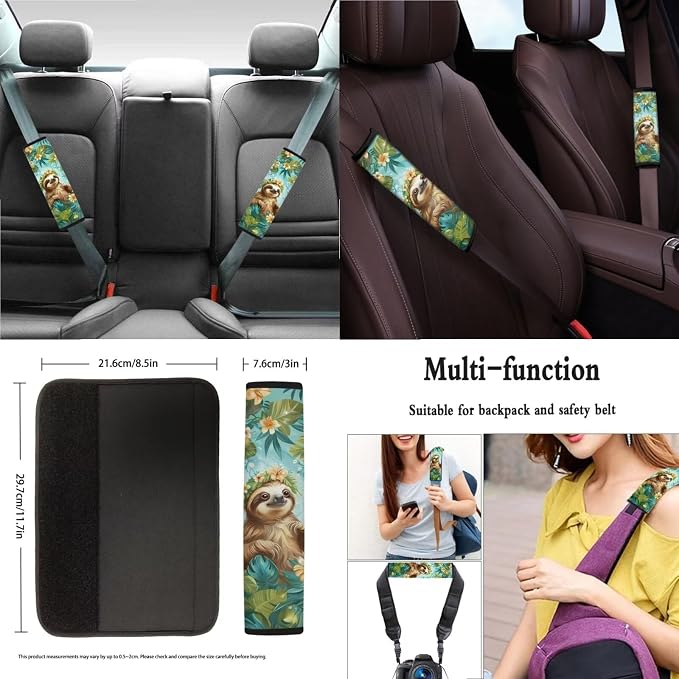 Xoenoiee Sloth Floral Leaf Print Car Seat Cover Full Set with Steering Wheel Cover, Seat Belt Cover, Coasters, Key Chains for Cars SUV, Universal Auto Accessories - 11 Pack