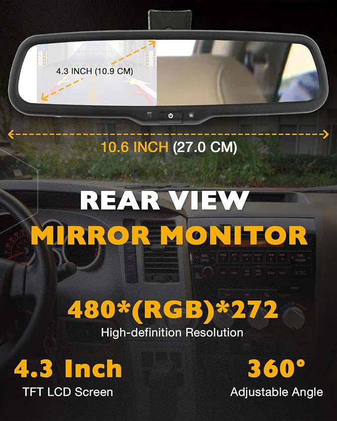 Rearview Mirror Monitor w/Backup Camera Tailgate Handle, Compatible with 2007-2013 Toyota Tundra, 4.3" Rear View, 170° Rear Viewing Angle, Waterproof Rear View Camera, Parking Assist Safety System