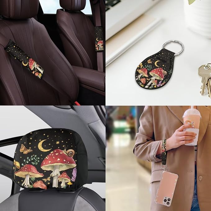 Mushroom Print Car Seat Covers Full Sets 18 Pieces Mushroom Car Interior Accessories with Car Headrest Covers Anti Slip Car Seat Belt Pads Cover Leakproof Auto Trash Can Steering Wheel Cover