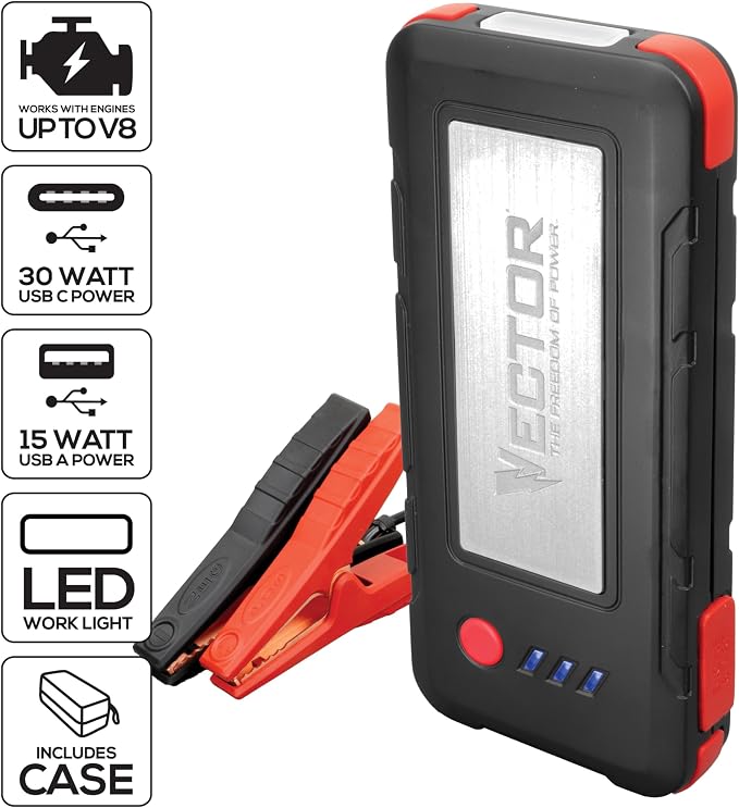 Vector SS16LVC 1600 Peak Amp Automotive Lithium Jump Starter, USB-A(15W), USB-C(30W), Power in & Out with Carrying Case