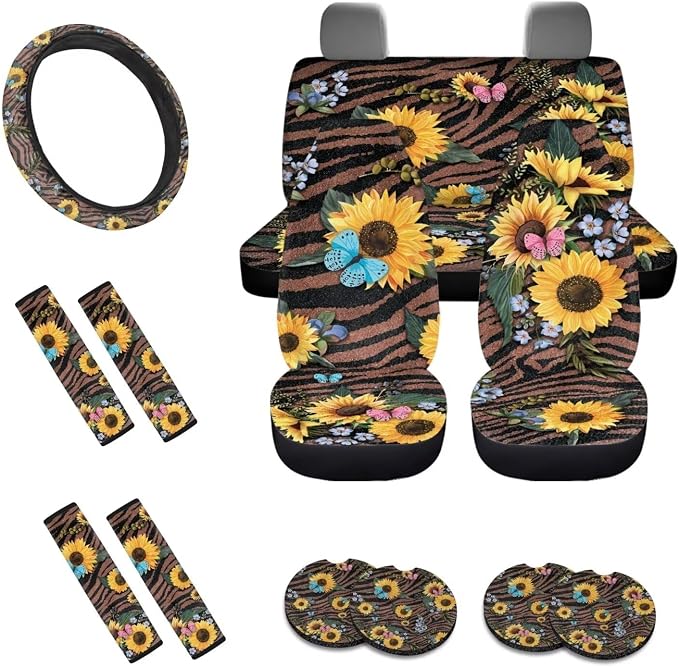Sunflower Butterfly Stripe Print Car Seat Covers Full Set, Car Accessories Set of 13, Soft Steering Wheel Cover + Seat Belt Cover + Cup Holder Coasters Universal Fit for SUV Truck Van