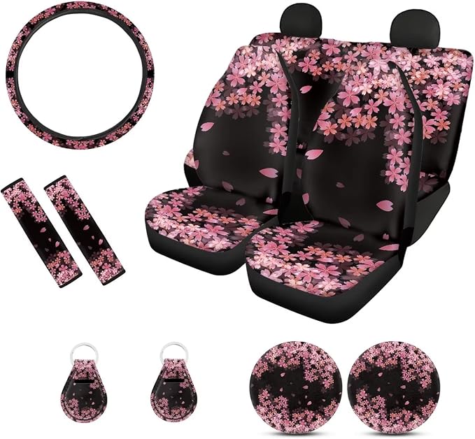 Suobstales Cherry Blossoms Car Front Back Bench Bucket Seat Protectors Full Set for Women Floral Steering Wheel Cover +Seat Belt Cover+ Flower Print Cup Holder Coaster+ Keychain