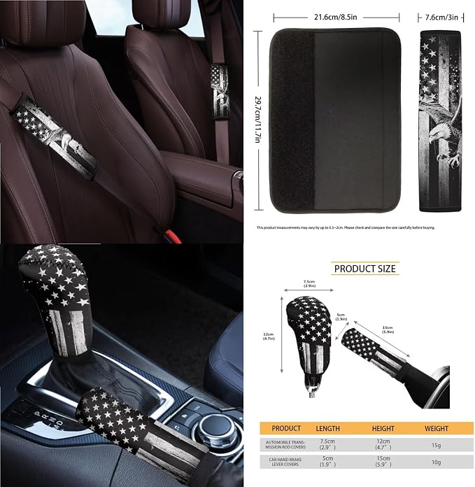 Eagle Print Car Interior Cover Set American Flag Print Car Front and Rear Seat Covers Steering Wheel Cover Armrest Pad Safety Belt Pads Rear View Mirror Protector, 14Pcs