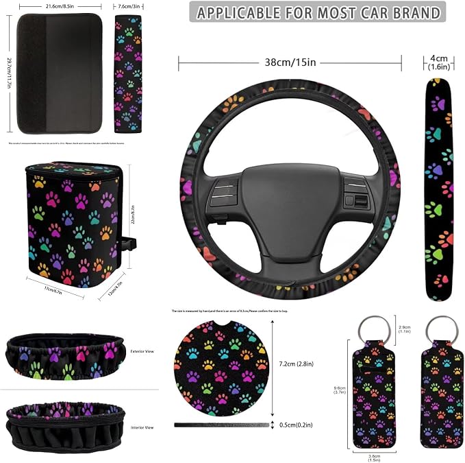 Colorful Dog Paws 12 Pack Automobile Seat Cover Car Steering Wheel Cover Car Seat Belt Cover Car Trash Can Car Rear View Mirror Cover Car Cup Coasters Keychain Holder Keychains