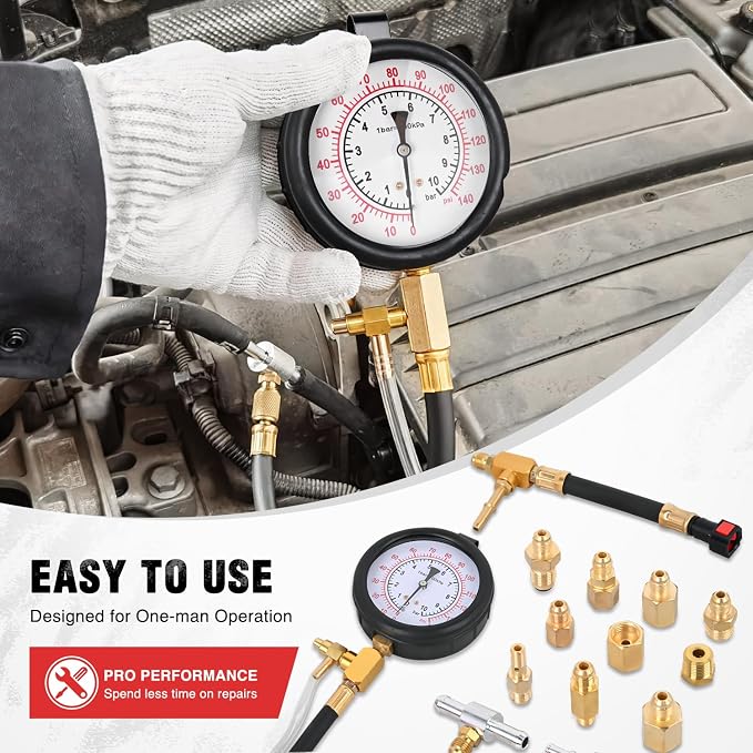 Nilight Fuel Pressure Tester Kit, 0-140 PSI Fuel Pressure Gauge with 9.49,7.89,6.30 Fuel Line Fittings, Master Fuel Injection Pressure Automotive Test Tool