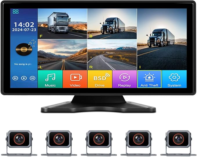 Vehicle Backup Camera for Trucks Pickups Bus Trailers Caravans 10.36-inch IPS HD Screen DVR Recording Reverse Monitor 5 Split Screen Waterproof Night Vision Stable Signal DIY Parking Lines