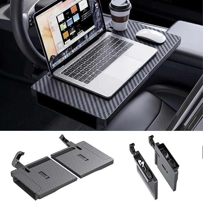 2-in-1 Car Steering Wheel Desk Tray & Slim Seat Gap Filler Organizer, Foldable Car Table for Eating Working, Carbon Fiber Car Laptop Tray & Seat Organizer for Car SUV Truck