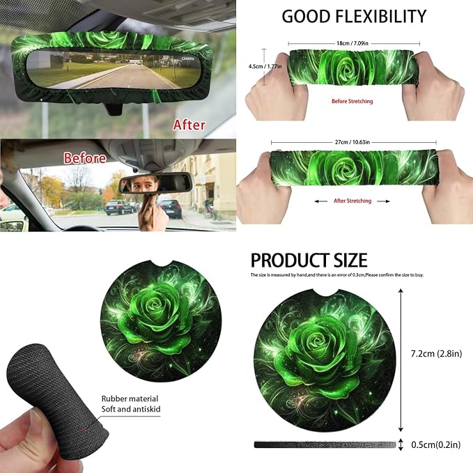 Green Rose Car Seat Covers Full Set for Women Cute Car Accessories Interior Car Steering Wheel Cover Seatbelt Covers Trash Bin Rear View Mirror Cover Cup Holders Keychain