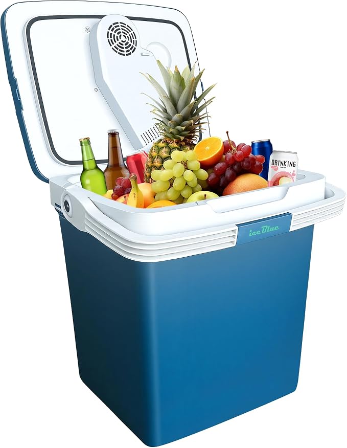 Iceblue Electric Cooler, 26 Liters/28 Cans Mini Fridge with Automatic Locking Handle, 120V AC Home Power Cord & 12V Car Adapter Car Refrigerator, Car Fridge for Home, Car, Gift - Blue