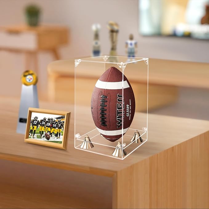 KOLIPI Football Display Case Full Size, Clear Acrylic Box with Double Layer Base Display Stand for Football Fans & Collectors, Sports Collectibles, Assembly Required, Clear Base