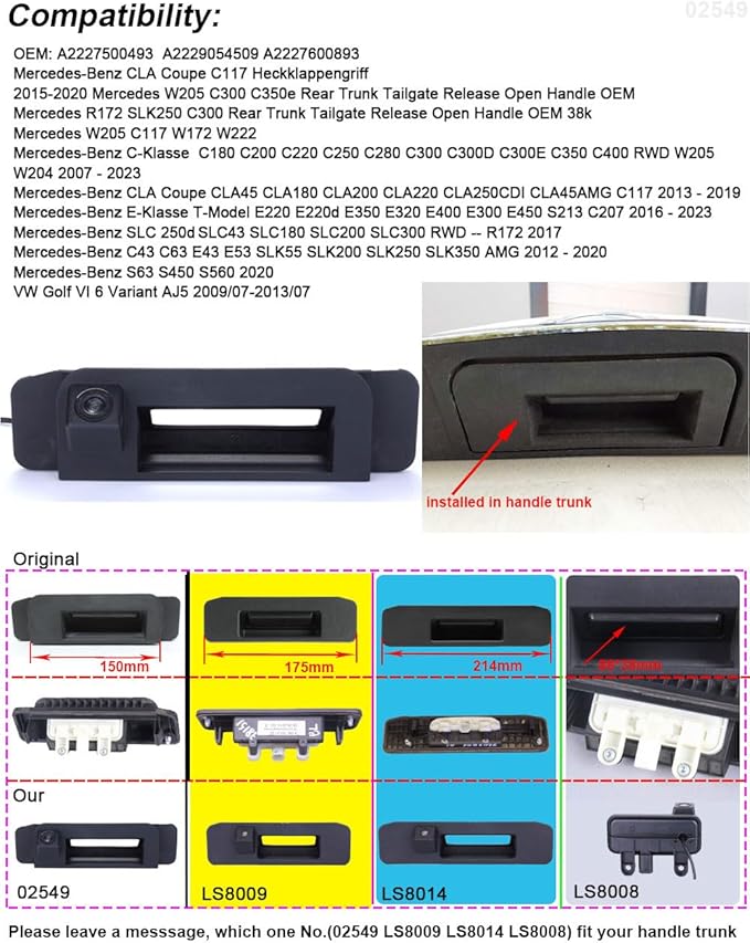 HD Rear View Camera Waterproof Car Trunk Handle Backup Camera Compatible with Mercedes Benz W205/CLA C200L C180L C260L Klasse C180 C200 C220 C250 C280 C300 C300D (02549=195 * 54mm)