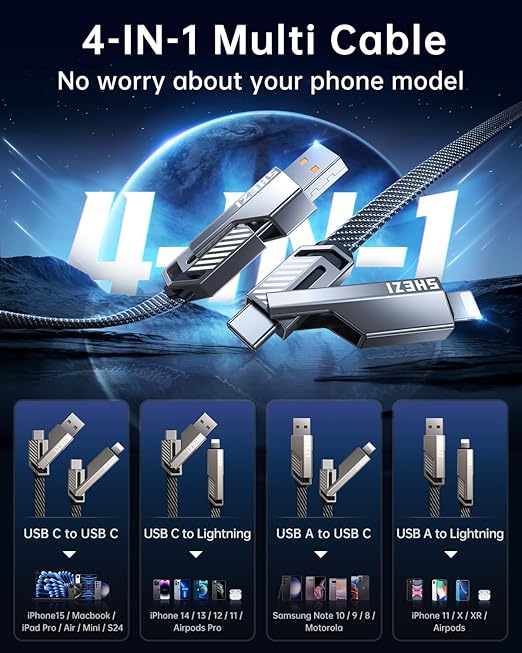 SHEZI [Upgraded 2.0] 4-in-1 Short USB C Cable 60W 0.6FT Fast Charging [480Mbps Data Sync] Flat Nylon Braided Charger Cord Combo, USB A/C to C/L Multi Charge Cable for iPhone/iPad & Most Devices, Grey