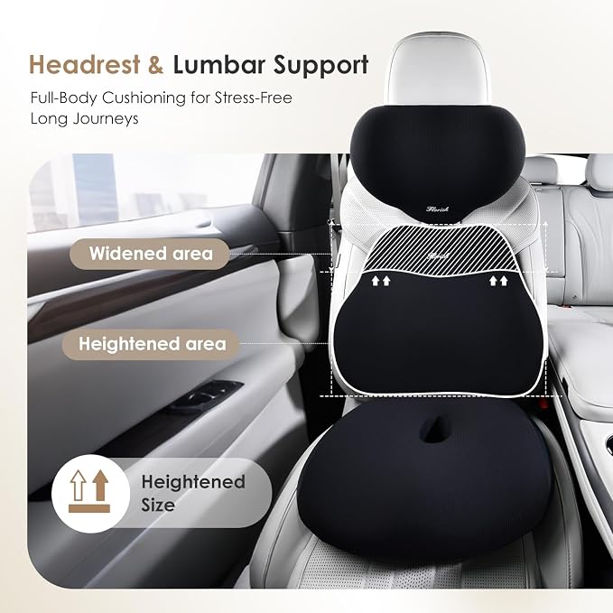 FLORICH Car Seat Cushion & Lumbar Support Pillow & Car Neck Pillow, Ergonomic Memory Foam Driving Seat Cushions for Back & Sciatica Pain Relief, Non-Slip Cushion for Car, Office Chair,Wheelchair-Black