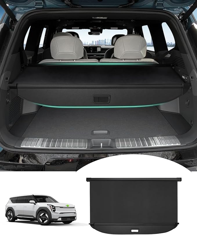 Powerty Retractable Cargo Cover for Kia Ev9 2024 2025 2026-Canvas Texture Trunk Cover Privacy Screen Rear Security Shade for EV9 Accessories