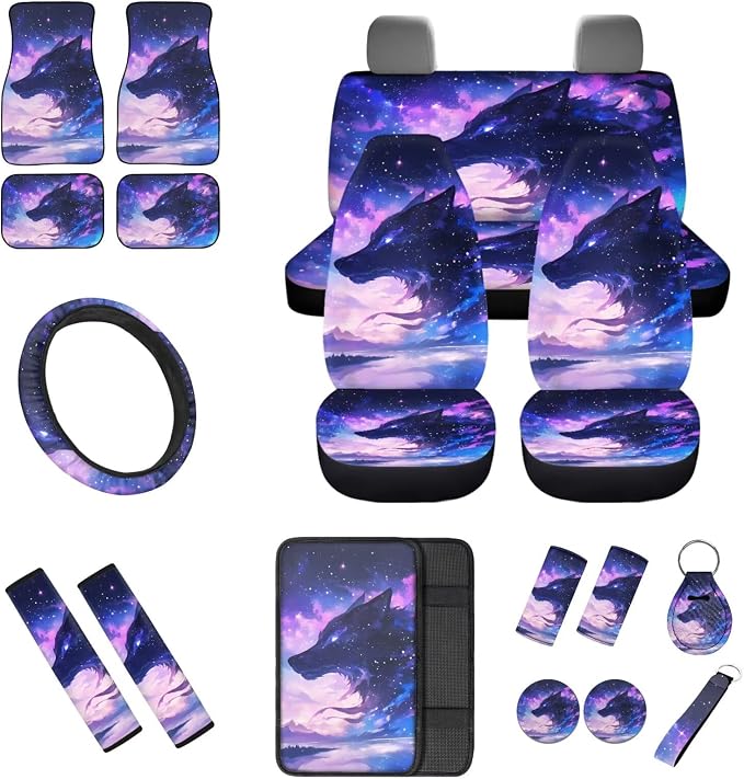 18 Pcs Purple Nebula Wolf Car Seat Covers Full Set Auto Interior Accessories with Steering Wheel Cover Floor Mats Armrest Cover Seat Belt Pads Roof Handle Wraps Cup Coaster Keychain