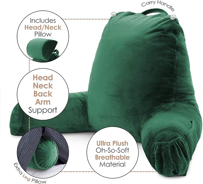 Nestl Reading Pillow with Shredded Memory Foam Includes 2 Neck and Lumber Support Pillows, Designed for Sitting Up in Bed and Couch, Back and Arms Adjustable Support for Adult & Teens, Dark Green