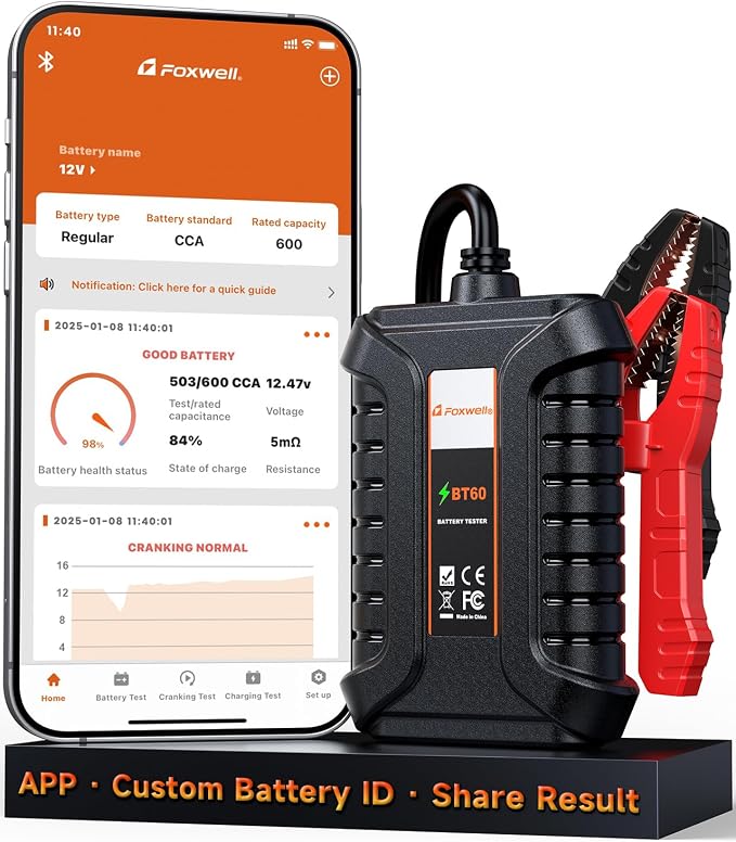 FOXWELL BT60 12V Bluetooth Battery Tester, Car Alternator Tester Compatible with Android/iPhone Battery Load Tester, SOH/SOC/Cranking/Charging System Analysis for Car/RV/Motorcycle/Boat