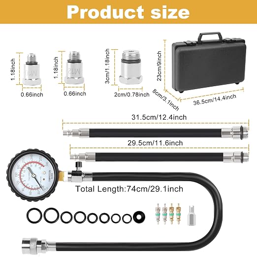 Deluxe Compression Test kit, Compression Tester Gasoline Engines | Model 2506, for 10-18mm Spark Plugs, Comprehensive Set with Dual Scale Gauge and Robust Storage Caseblack