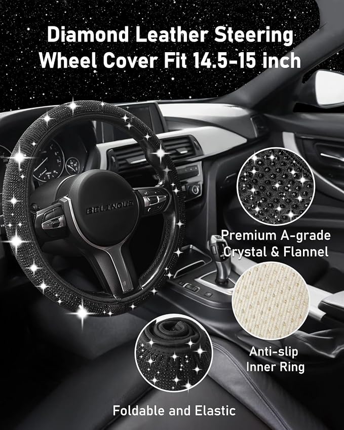 Belinous 27 PCs Bling Car Accessories for Women, Girl Car Accessories for Interior, Bling Steering Wheel Cover 14.5-15in, Bling License Plate Frame, Bling Phone Holder, Cup Coasters (Black Diamond)