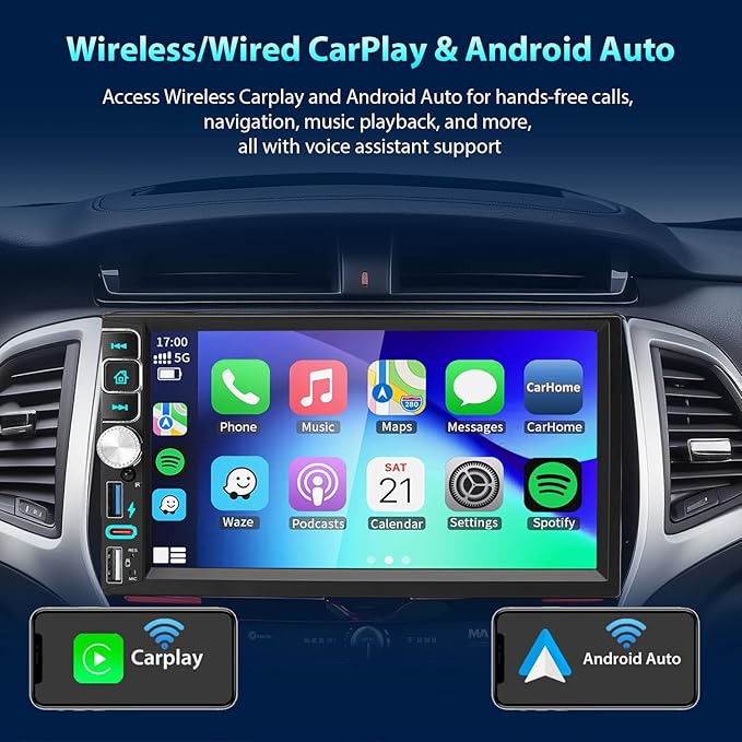 Double Din Car Stereo Bluetooth Compatible with [Wireless] Apple CarPlay/Android Auto 7“ Touchscreen AM/FM Radio Type-C USB (2.1A Fast Charge) Backup Camera
