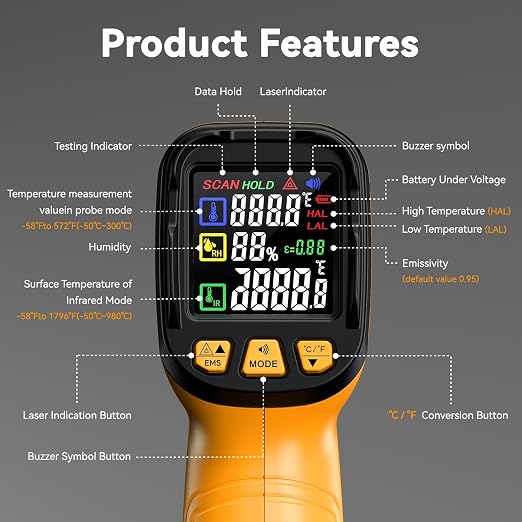 50:1 Infrared Thermometer Gun, -58°F to 1796°F, K-Type Probe | Surface & Internal Temperature Measurement • Humidity Display • HVAC & Equipment Diagnostics