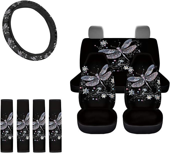 9 Piece Dragonfly Print Seat Covers for Women Set, Breathable Stretchy Auto Car Seat Cover with Steering Wheel Cover Safety Belt Pads Universal Fit for Cars Trucks SUV, Black