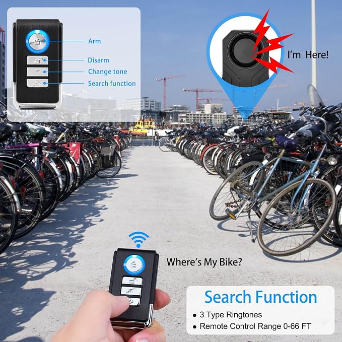 USUPERINK Bicycle Alarm and Remote, Bicycle Alarm System Anti Theft, Wireless Scooter Alarm System, Moped Alarm 113db Super Loud IP65 Waterproof SOS Emergency Function with Different Remote Control