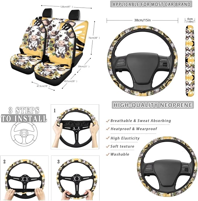 Suobstales Cow Sunflower Print 13 Pack Car Seat Covers Full Set with Steering Wheel Cover Seat Belt Pad Trash Can Rearview Mirror Cover Coaster Keychains Auto Accessories Universal Fit